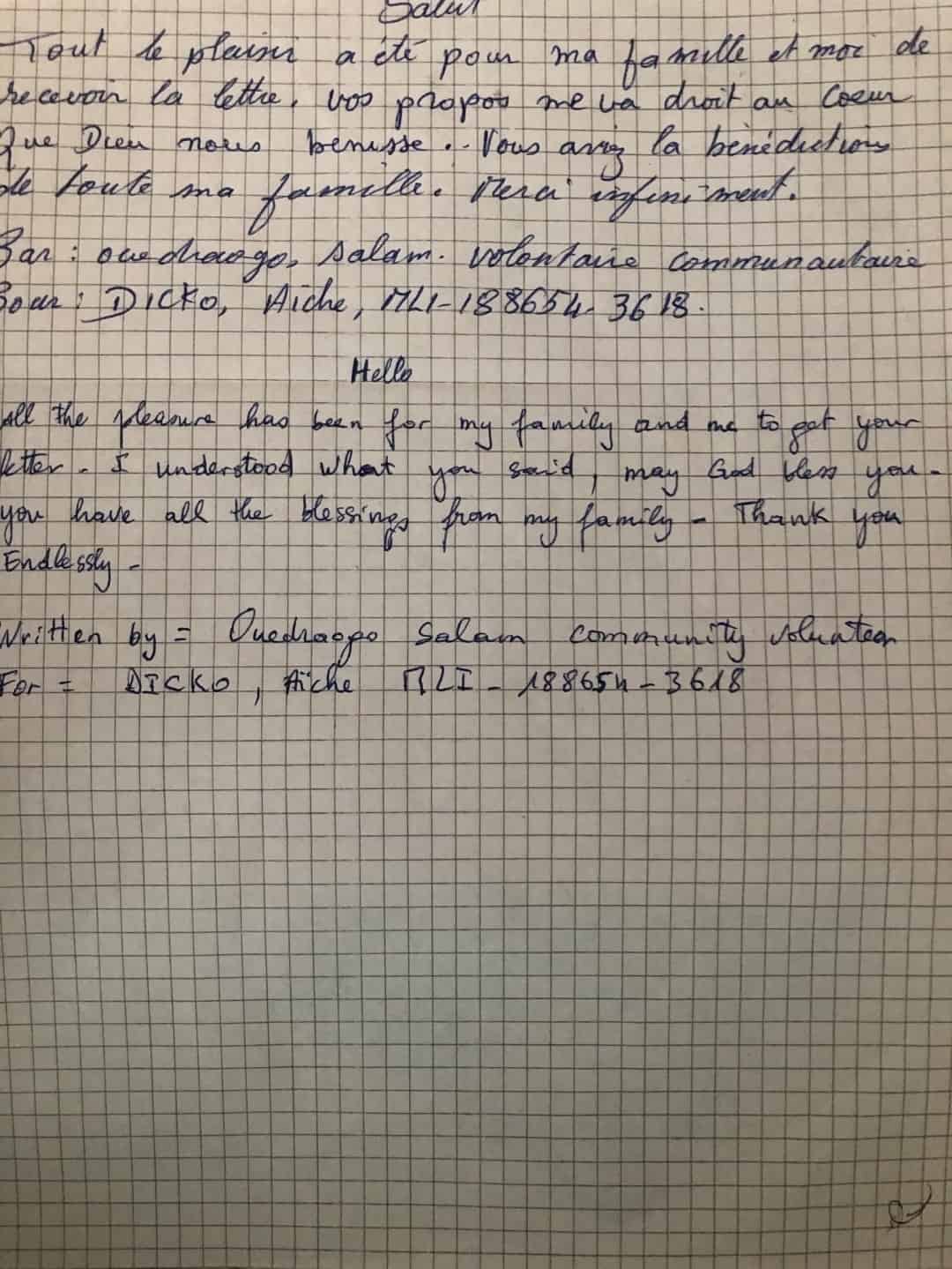 Aiche from Mali sent us and Aqua a letter